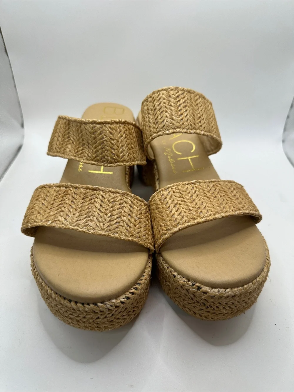 Woven Dual-Strap Platform Slides in Natural Tan size 10